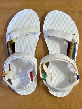 Teva White Sandals with Rainbow Straps